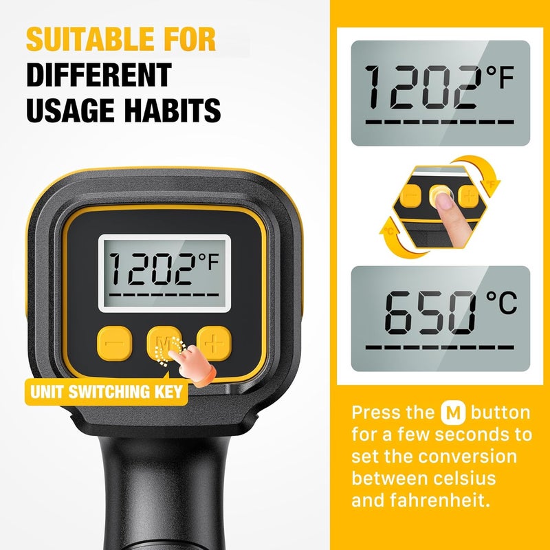 SEEKONE 1800W Heat Gun with LCD Digital Display Compact Design Hot Air Gun Variable Temperature Control 122℉-1202℉（50℃- 650℃）with Memory Function and 4 Nozzles for Crafts, Vinyl Wrap, Shrink Tubing - Image 4